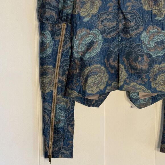 Y2k Bebe Jacket Womens 6 Blue Floral Brocade Puff Sleeve Cropped Zip Jacquard - Picture 15 of 16